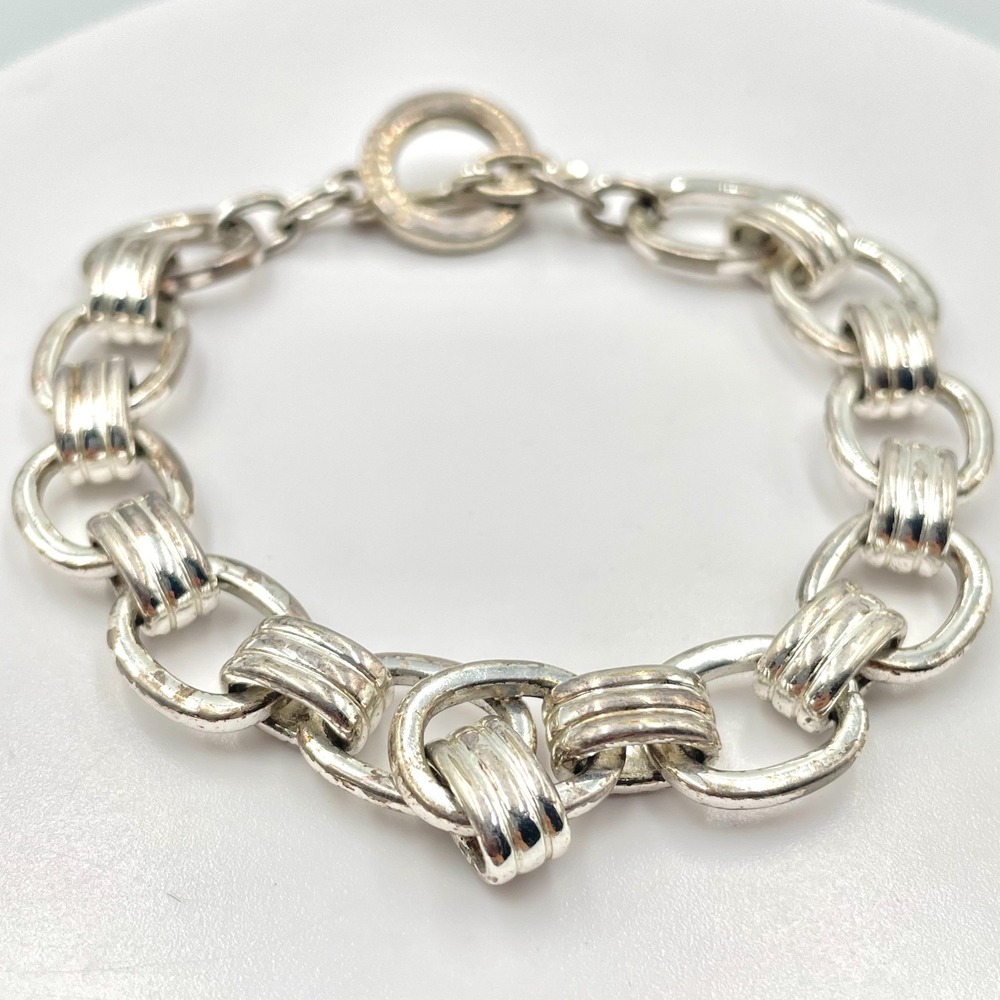 Vintage CHAPS Silver Tone Chunky Link Chain Toggle Bracelet Y2K Bold Boho Toggle